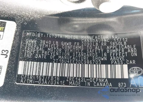 2013 Toyota Corolla Le from USA, damaged, VIN 2T1BU4EE2DC986703